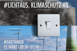 Eine Fotomontage zum Thema Klimaschutz; Kohlekraftwerk und Windkraftanlage.