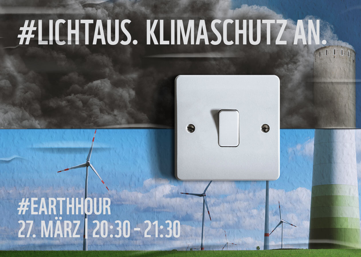 Eine Fotomontage zum Thema Klimaschutz; Kohlekraftwerk und Windkraftanlage.