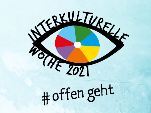 Das Logo der Interkulturellen Woche; ein Auge mit bunter Pupille.